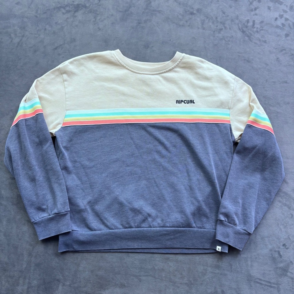Rip Curl Mens Colorblock Stripe Crewneck Sweatshirt Blue Cream Retro Surf Size M